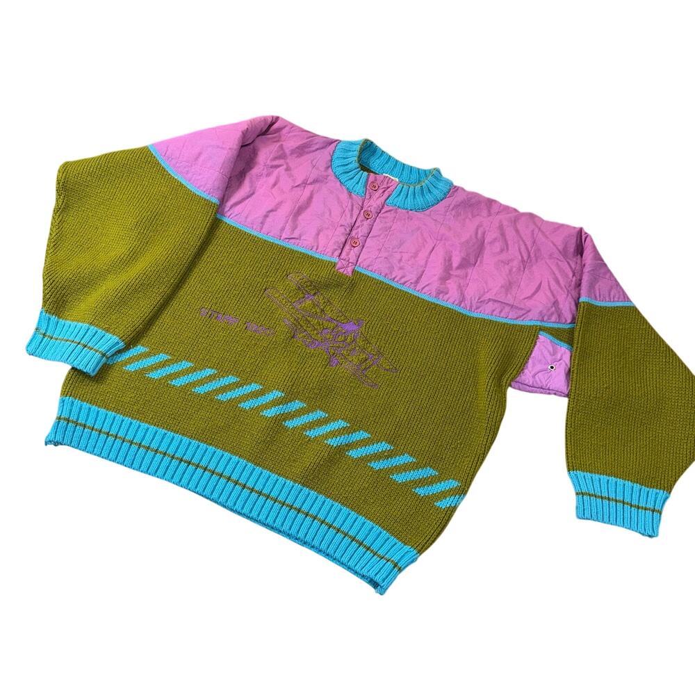 Vintage 90s French Wool Blend Colorblock Aviation Sweater | Size L